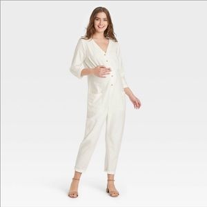NWT The Nines by Hatch Maternity 3/4 Sleeve Button-Front Jumpsuit in Cream